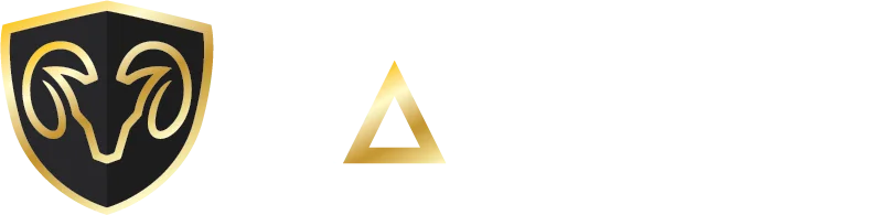 A gold outline of a ram’s head on a black shield next to a gold triangle symbol, both on a white background.