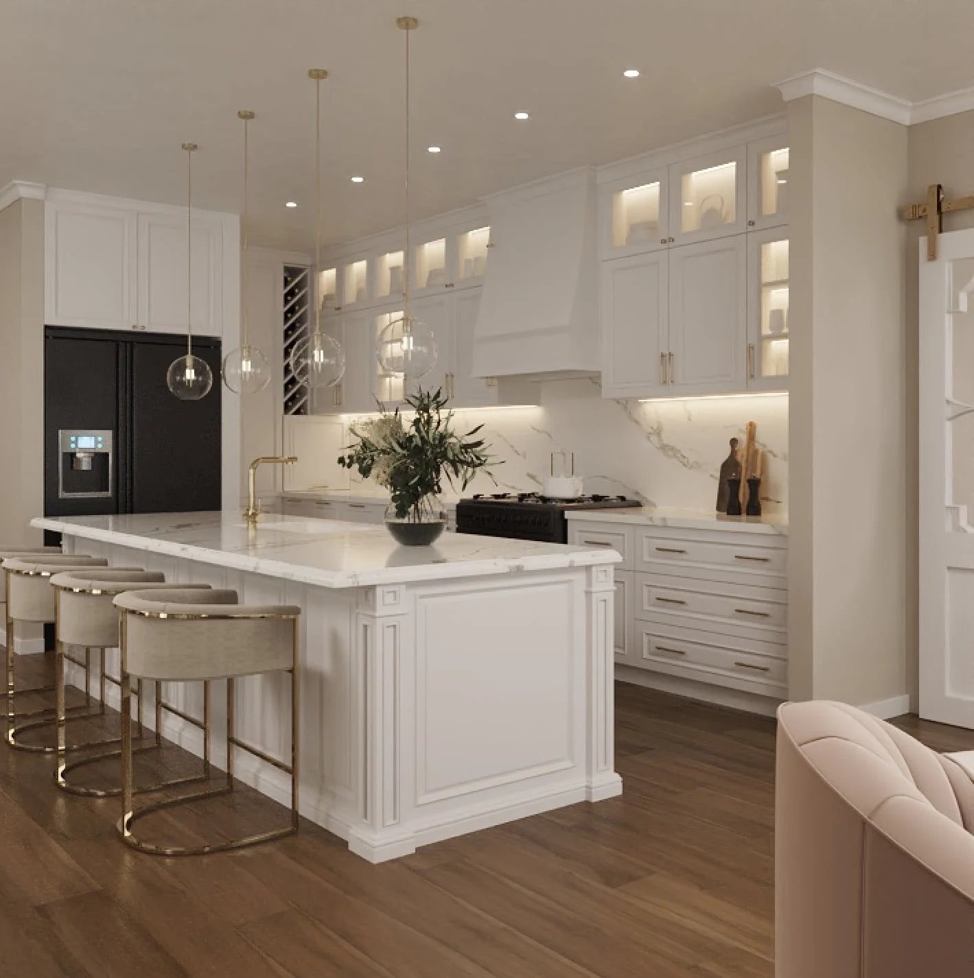 Modern kitchen with white cabinets, a large marble island with gold-accented stools, pendant lights, built-in appliances, wood flooring, and under-cabinet lighting. A plant decorates the island countertop.