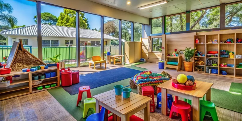 Bright and colorful preschool classroom with large windows, child-sized tables and chairs, shelves filled with toys, and a soft play area; outside, trees and a building are visible through the windows.