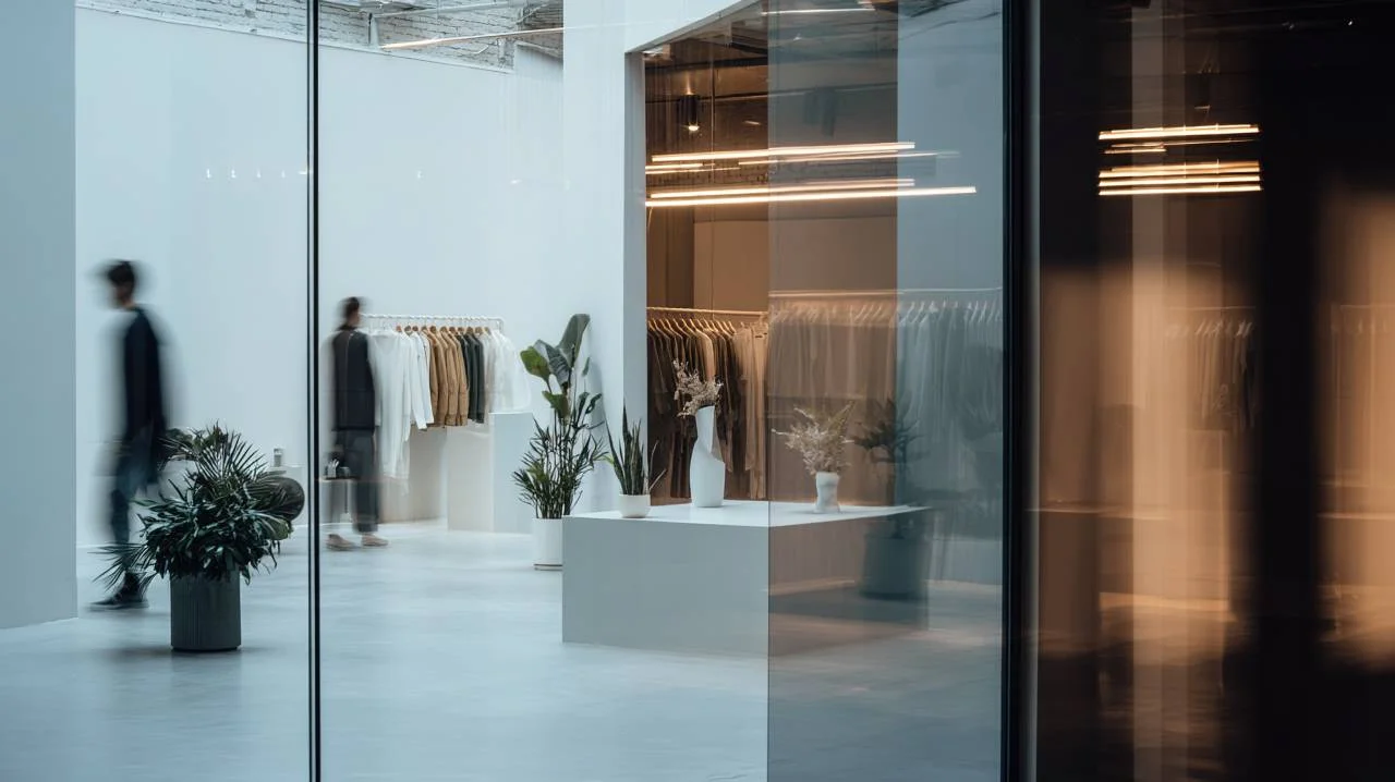 Minimalist clothing store interior with racks of neutral-colored clothes, potted plants, and white walls. Two blurred people are walking, with reflections visible in the glass panels at the front of the store.