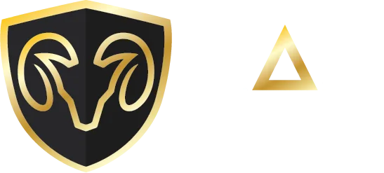 A black and gold shield with a stylized ram's head on the left, and a gold-bordered triangle with a white center on the right, both on a white background.