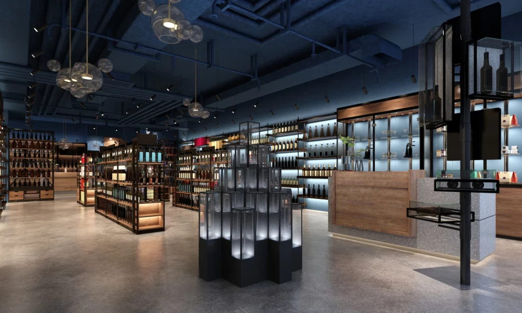 Modern liquor store interior with shelves of bottles, wooden display units, and a unique central fixture. Warm lighting highlights products, and the space has an industrial design with exposed ceilings and sleek decor.