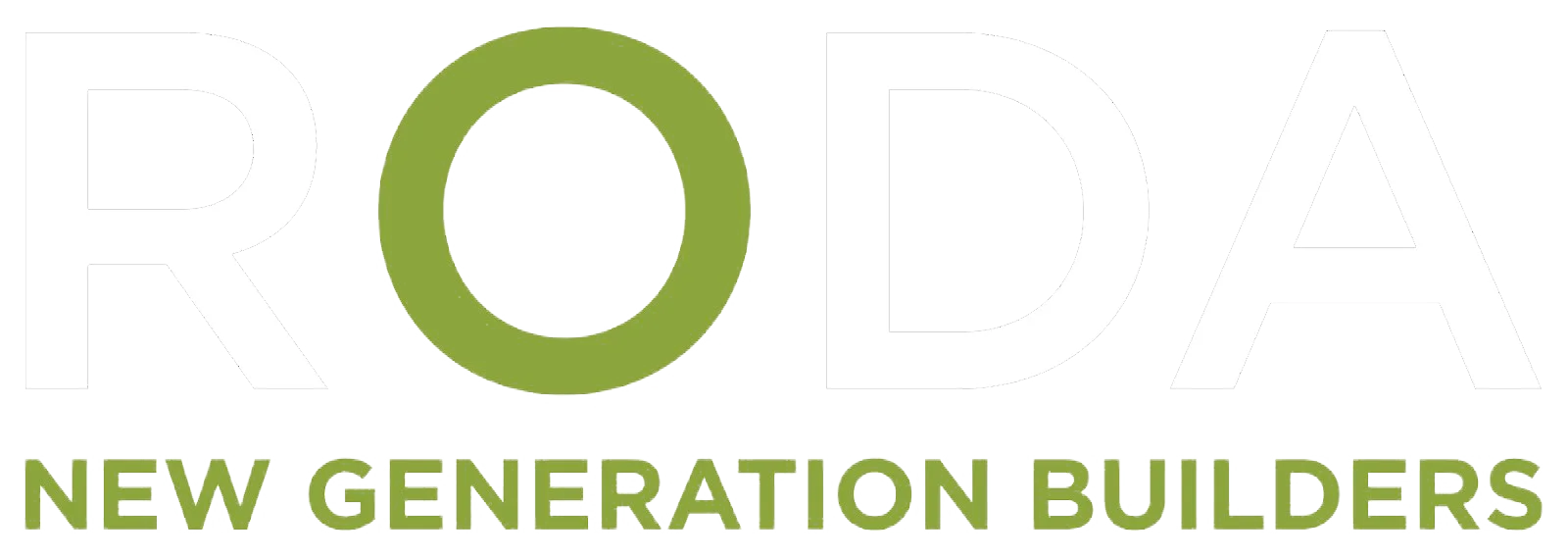 The image displays the word "RODA" in large outlined letters, with the "O" filled in green. Below it, the phrase "NEW GENERATION BUILDERS" appears in green capital letters. The background is white.