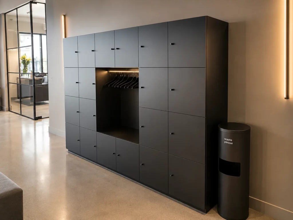 A modern black locker unit with multiple compartments and a central open space containing black hangers. Nearby is a sleek black waste bin labeled "waste please" in a minimalist, light-filled room.