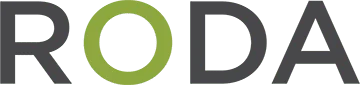 The image displays the word "RODA" in uppercase letters. The letters "R," "D," and "A" are in dark gray, while the letter "O" is in green. The background is light gray.