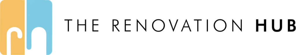 Logo for "The Renovation Hub" with stylized letters "r" and "h" in yellow and blue squares on the left, followed by the business name in black text on a white background.